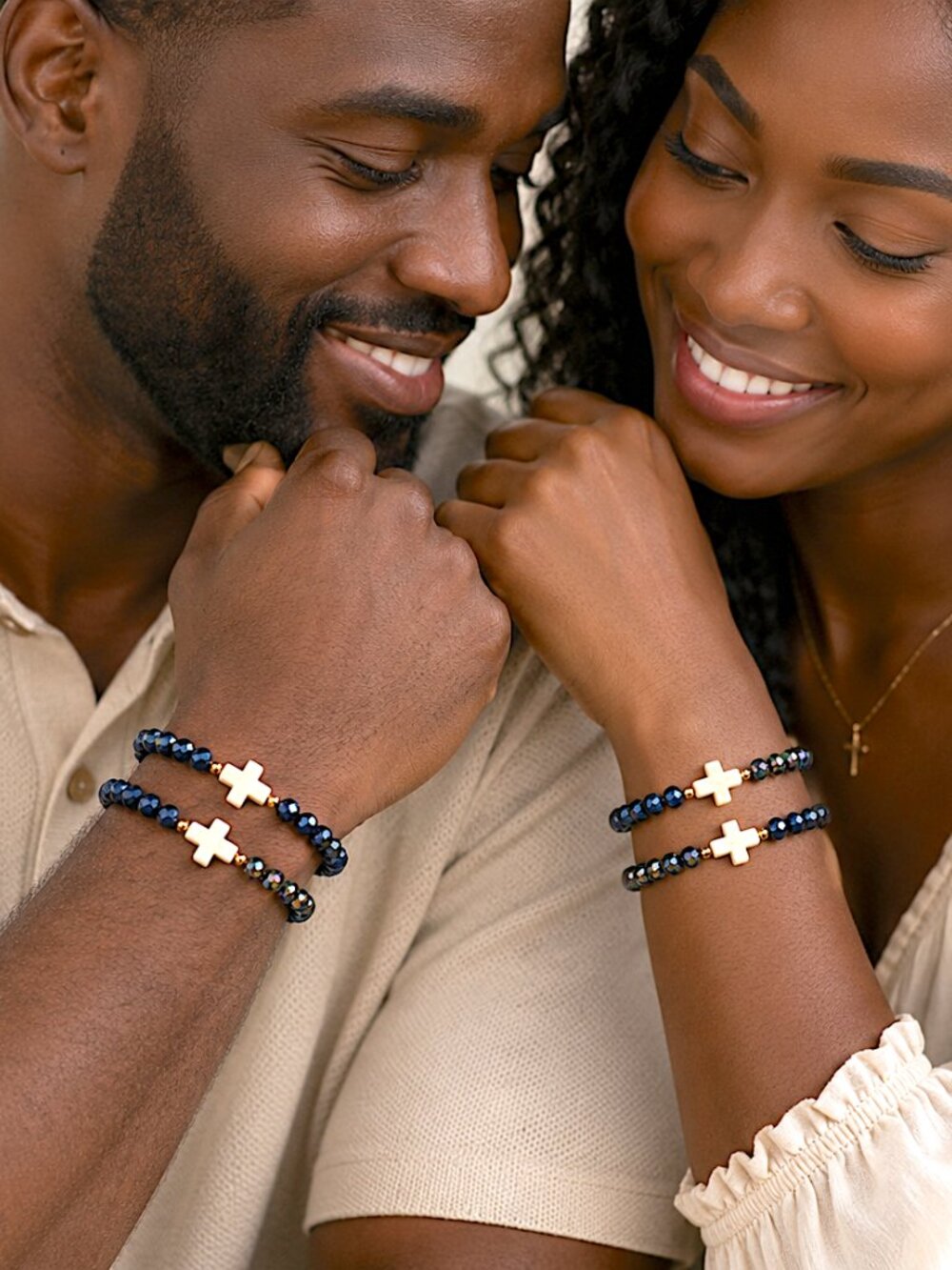 Navy Blue AB Crystal Cross Bracelet Set Christian Faith Stretch Jewelry Gift